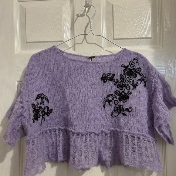 Free People Robin sheer crop Sweater Tee lavender with Black XS - Picture 5 of 8